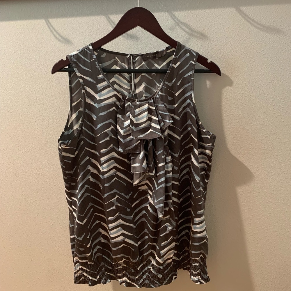 Women's Gray, Blue & White Sleeveless Ruffled Neck Blouse